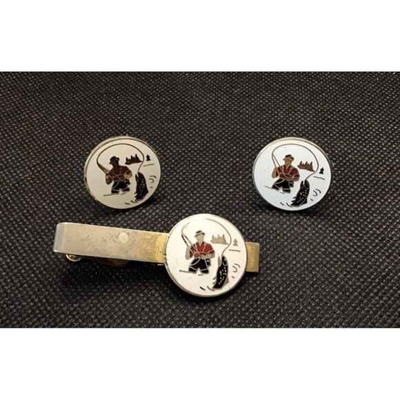 Trout Fly fishing SWANK Vintage Enamel Men's CUFFLINKS and TIEBAR - Picture 3 of 7